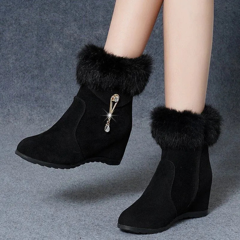 Women's height increasing insole snow boots, black fur upper, sizes 35 to 40, side view