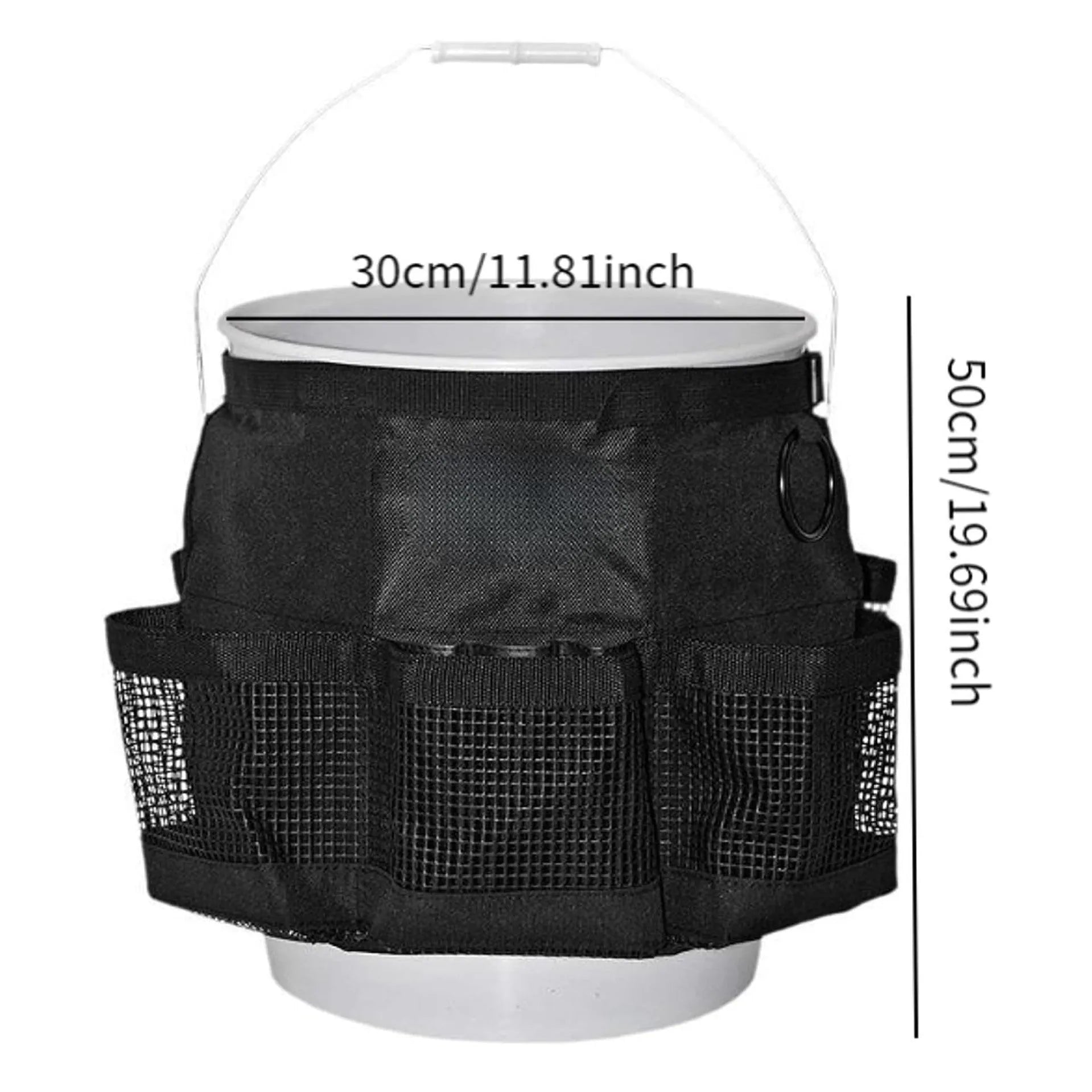 Black cylindrical polyester hanging storage bag attached to a 5-gallon barrel.