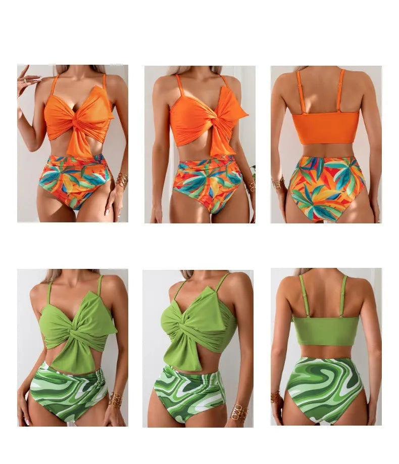 Women's big bow bikini and swim trunks set in a colourful print, shown in orange colour.