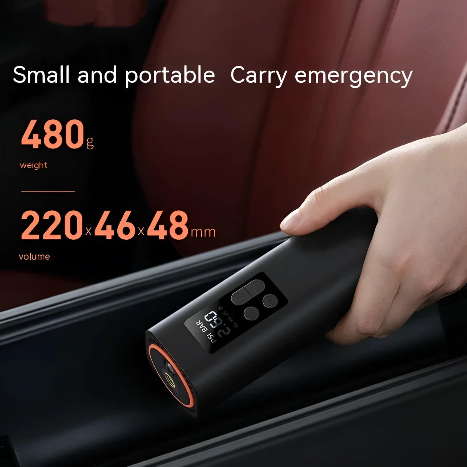 Black digital display car tyre inflator measuring 18cm with 12V external power connection