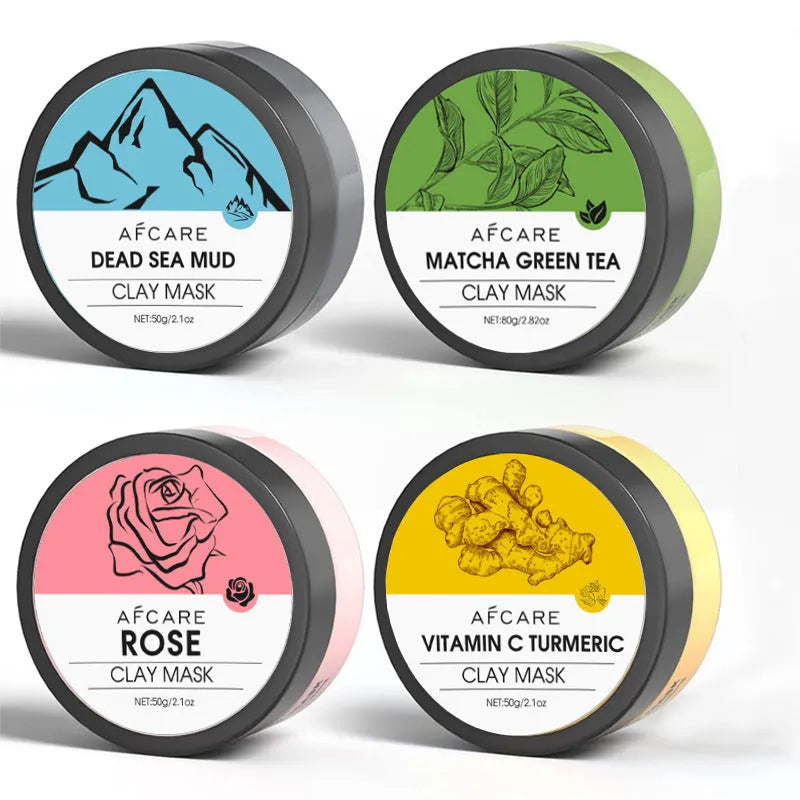 4-pack set of Dead Sea mud clay face masks with green tea, turmeric and rose clay ingredients