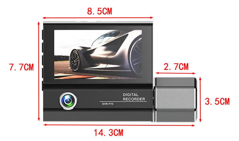Black three-lens car dash cam with touch screen display, shown with car power cable