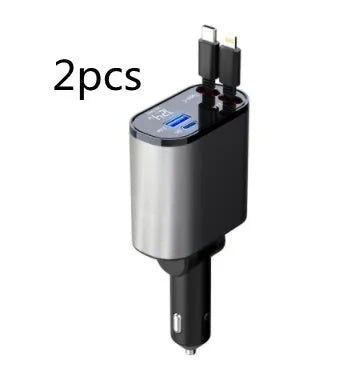 Metal car charger with retractable cable and adjustable head, USB and Type-C ports, 100W fast charging