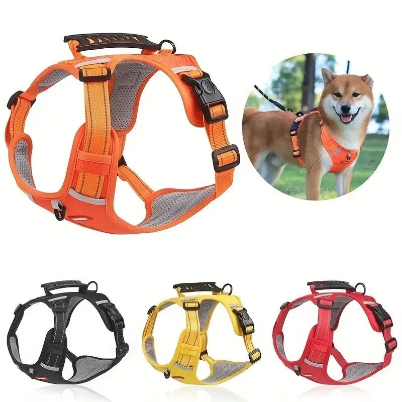 A black adjustable dog harness with a front chest D-ring, shown on a dog, demonstrating even strap placement.