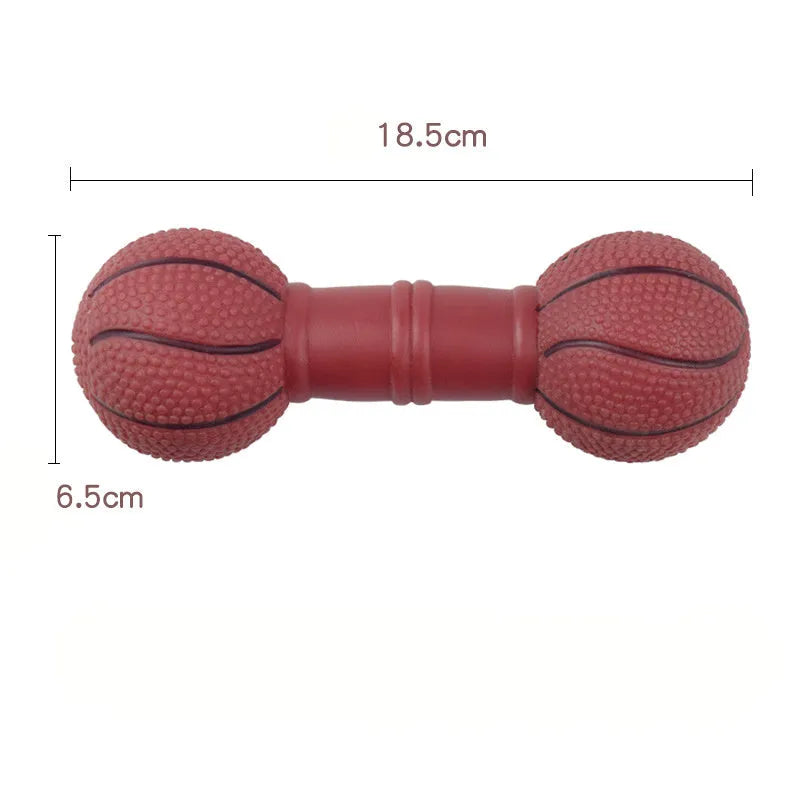 Brown and orange dumbbell-shaped PVC squeaky dog toy for small and medium pets.