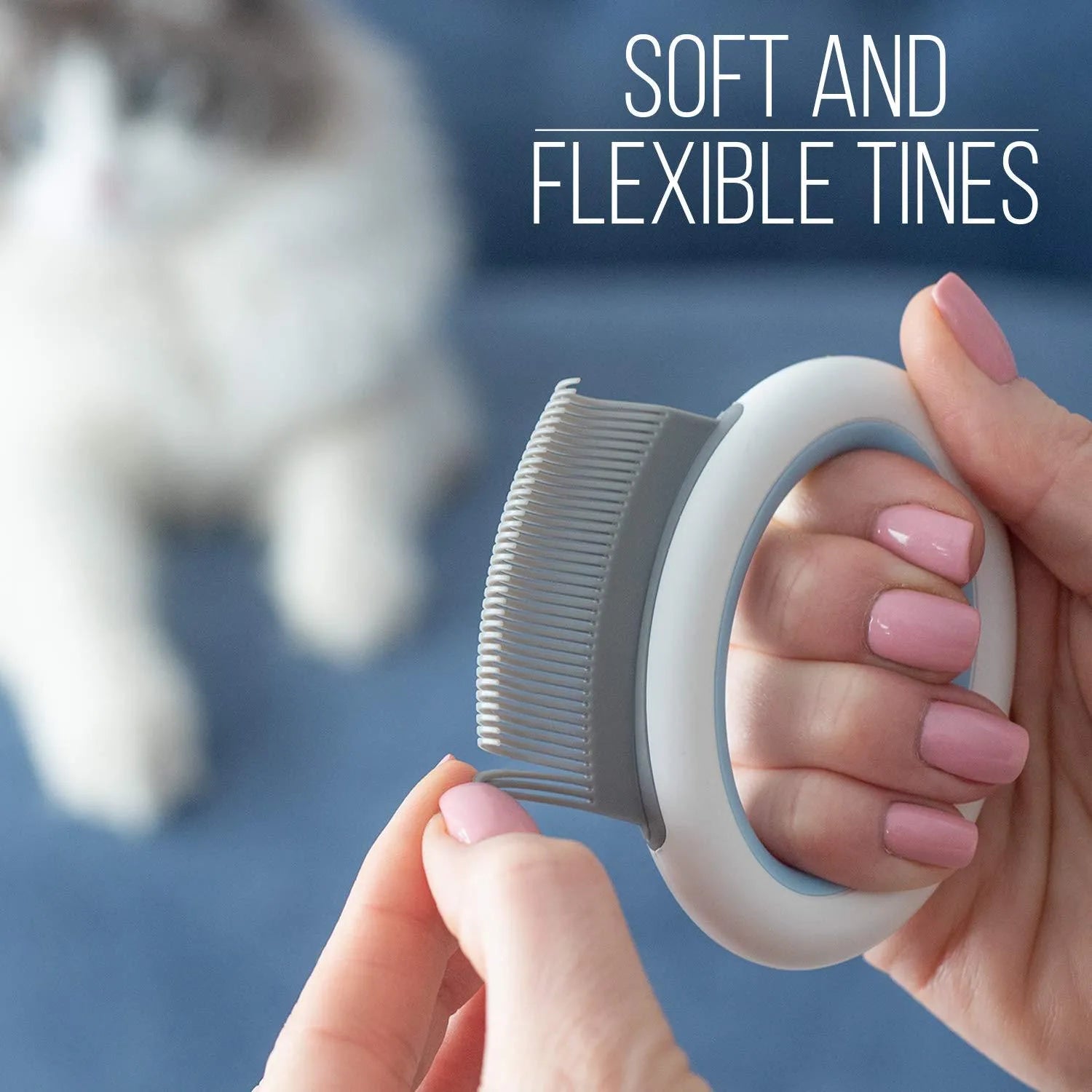 Blue pet grooming comb for cats and dogs with soft teeth and ergonomic handle