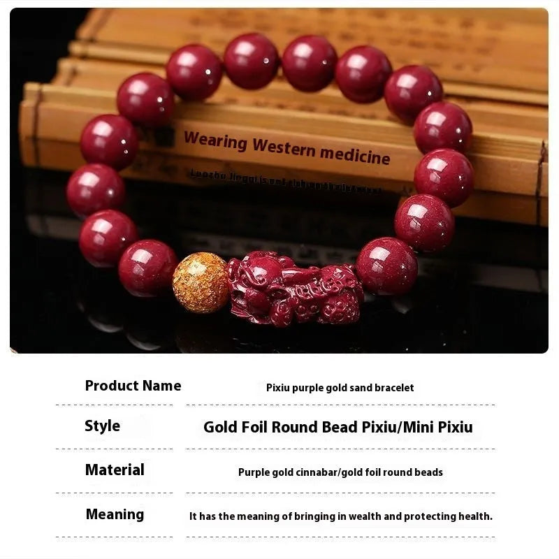 Purple gold sandstone cinnabar bracelet with engraved totem symbols showing bead diameter options