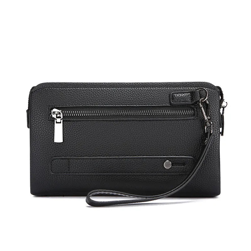 Men's PU clutch wallet with anti-theft lock, available in black or brown with combination or fingerprint lock