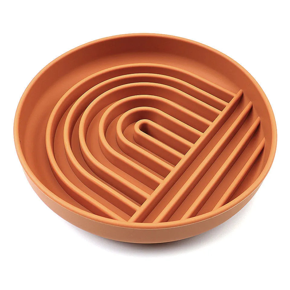 Silicone dog slow feeder bowl with ridges and nooks, shown in beige colour