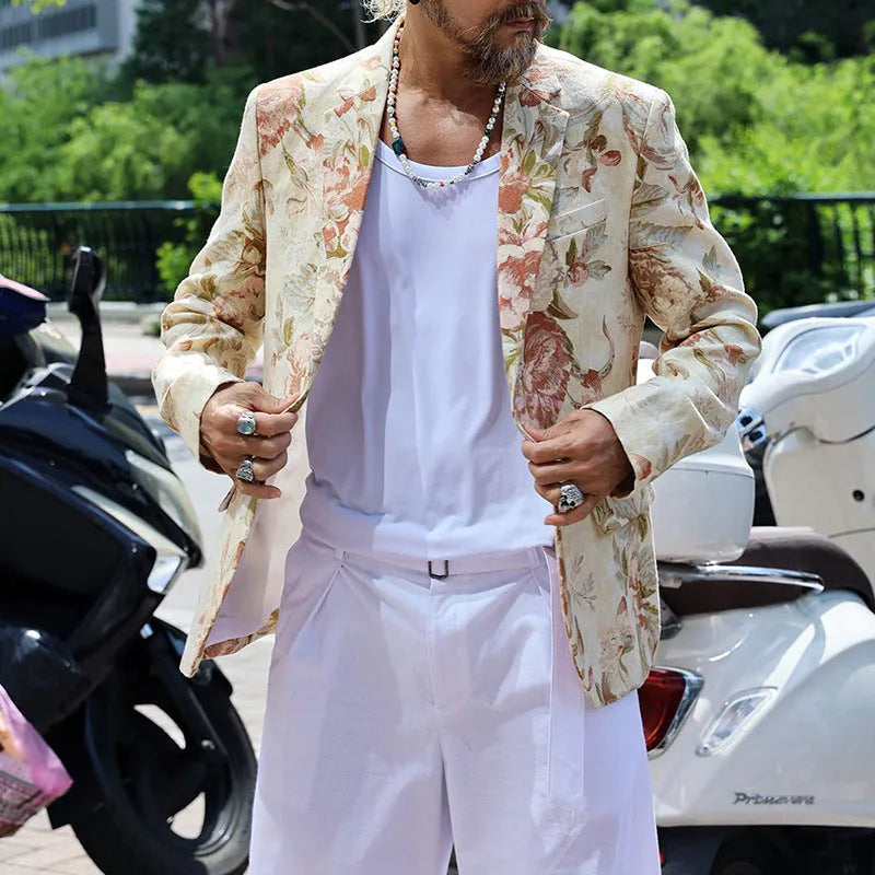 Men's white long sleeve casual top with print pattern, sizes S to XXXL, polyester fabric.
