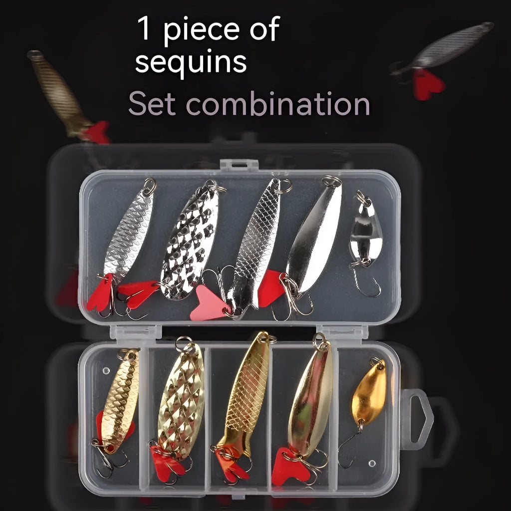 Pineapple-shaped iron fishing lure with multiple gold and silver metal sequins attached.
