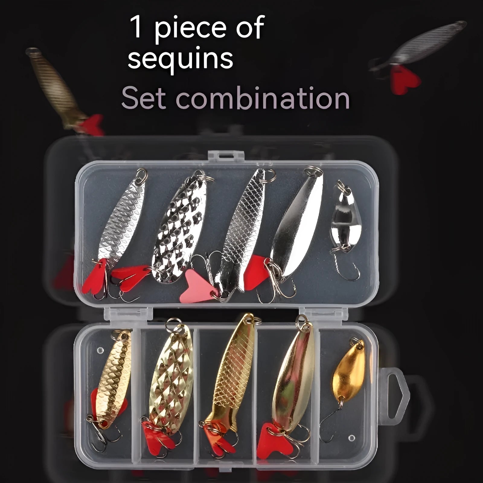 Pineapple-shaped iron fishing lure with multiple gold and silver metal sequins attached.