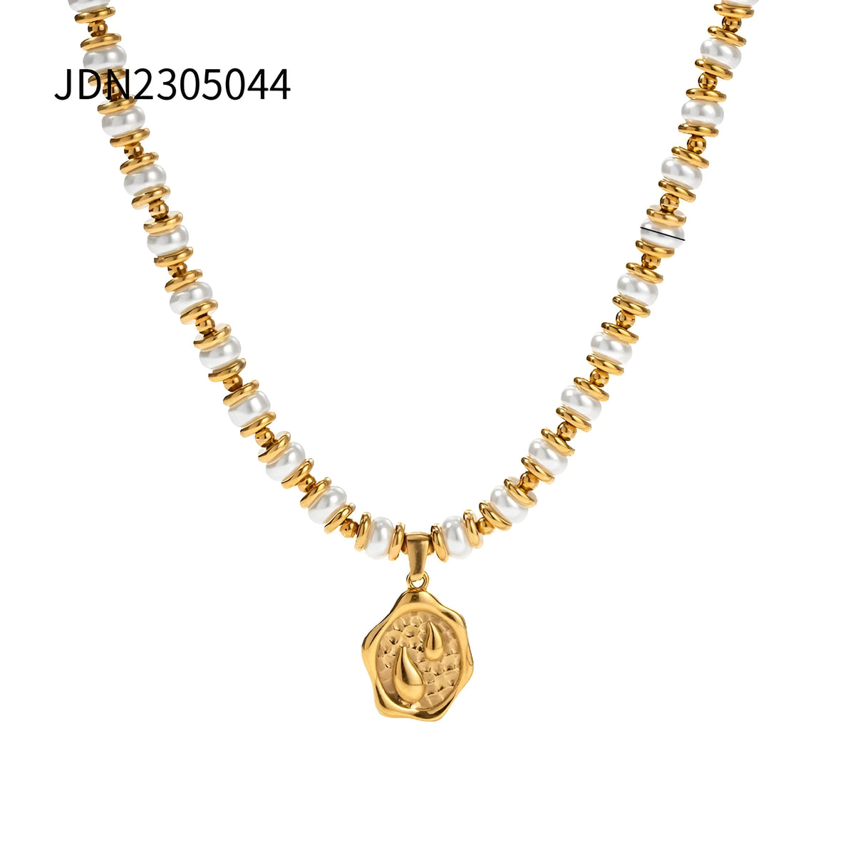 Titanium steel shell pearl necklace with regular chain and electroplated stainless steel finish, style JDN2305044