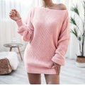 Women's solid colour off-the-shoulder knitted dress with puff lantern sleeves in a casual style.