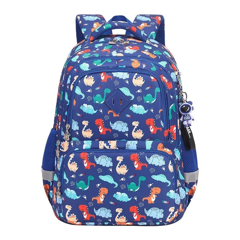 Blue children's school backpack made from Oxford cloth with curved straps, shown in a dinosaur pattern design.