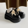 Women's matte black retro lace-up shoes with a thick rubber sole and a 6-8cm English muffin heel.