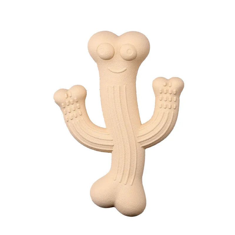 Beige, blue, and purple cactus-shaped dog chew toy made from bamboo fibre and rubber