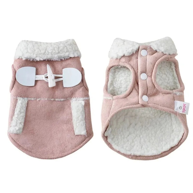 Teddy dog clothes costume in lamb velvet, available in brown or pink, sizes XS to XL.