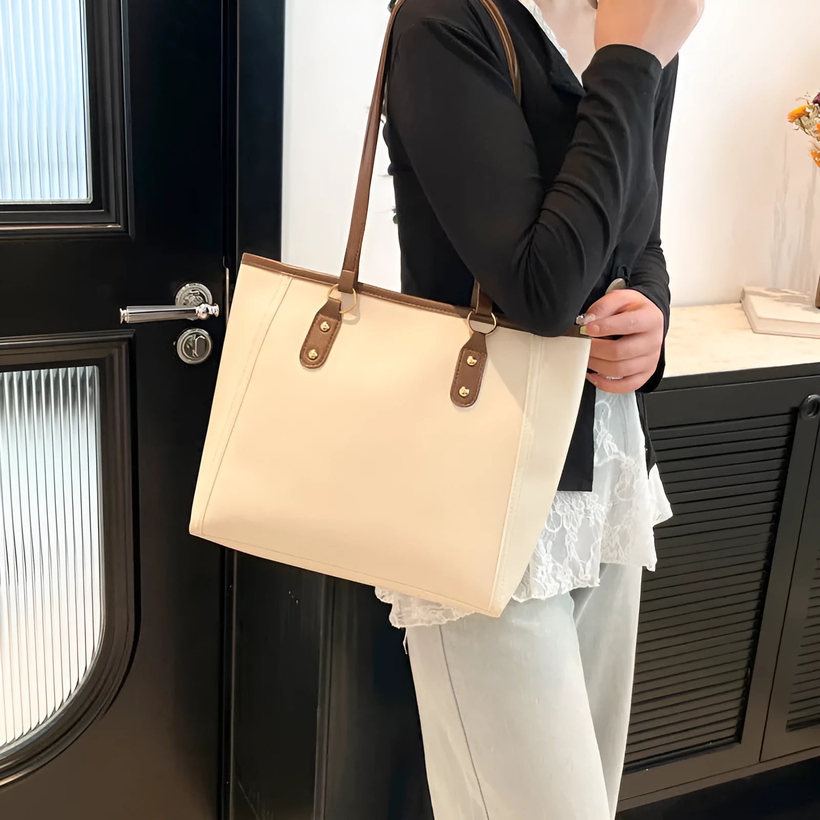 Korean style horizontal square shoulder bag with sandwich pocket detailing in four colour options
