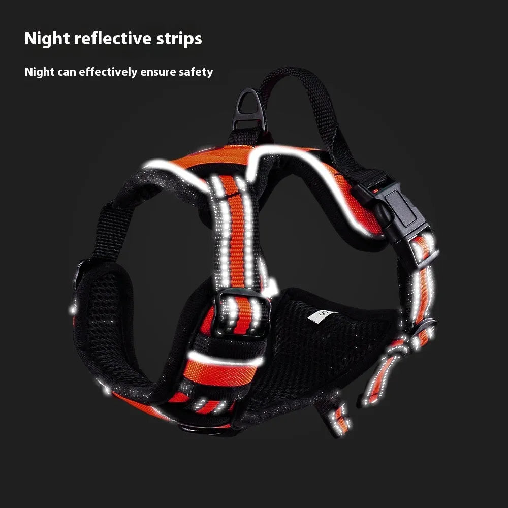Adjustable dog chest harness in Oxford cloth, shown in multiple colours including red, blue, and black.