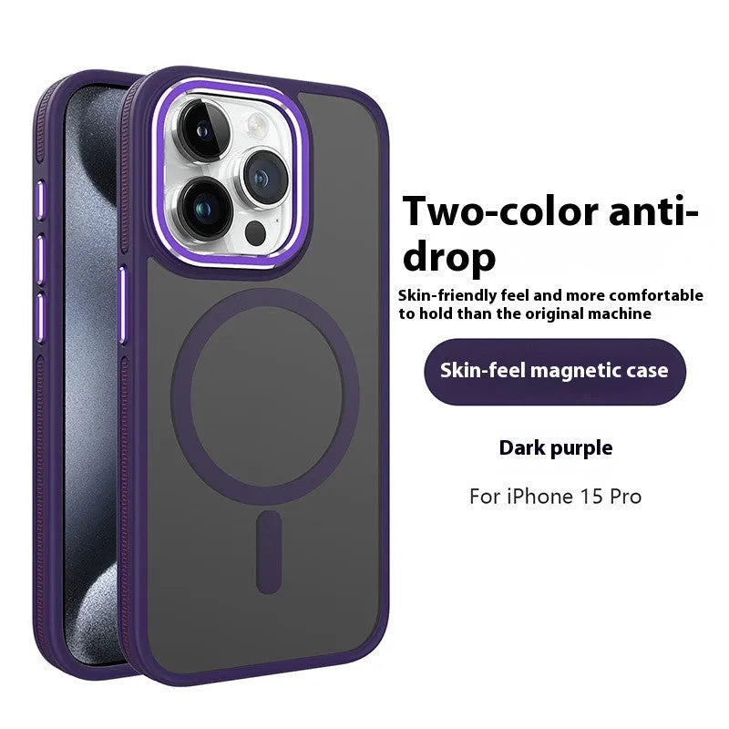Magnetic iPhone case with frosted TPU shell and metal lens ring in black, blue, gray, orange, wine red, or dark purple.