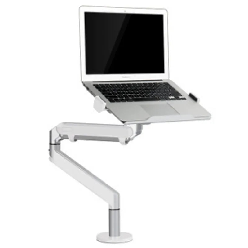Aluminium alloy laptop stand with an adjustable air pressure arm in black colour on a wooden desk.