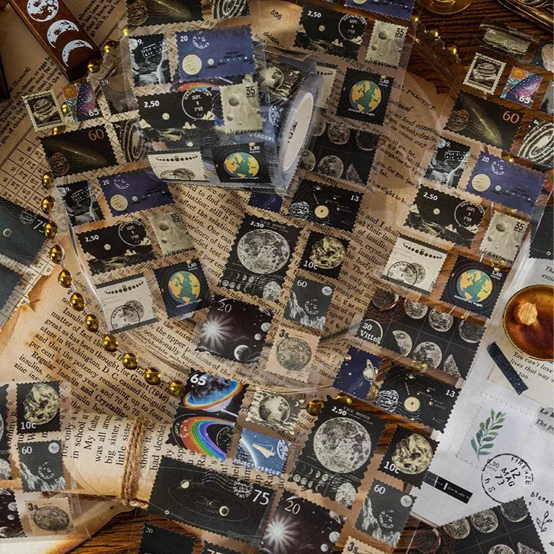 A roll of retro-design coated paper adhesive stamps, 55mm wide and 2 metres long.