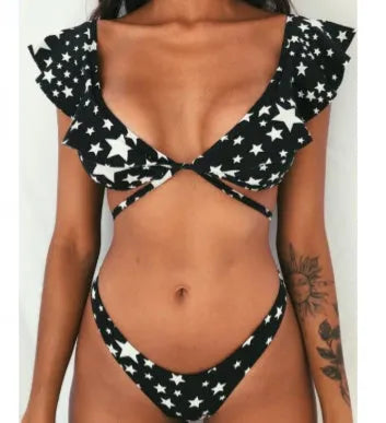 Yellow floral print split bikini swimsuit on a model