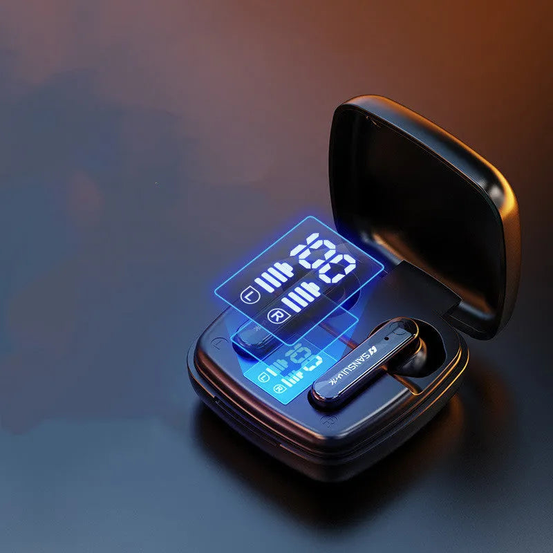 Pair of black semi-in-ear wireless Bluetooth earphones showing battery display.