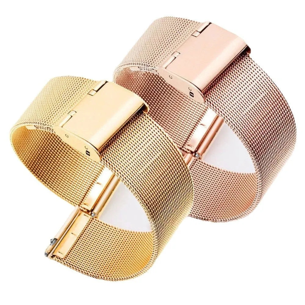 Milani Silk Woven Stainless Steel watch band in silver, shown adjustable on a wrist.