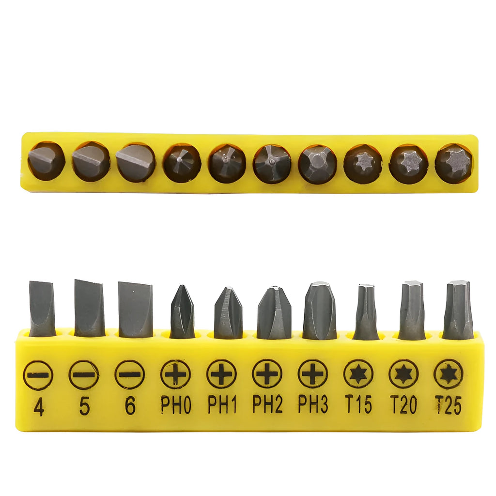 L-shaped double-headed socket wrench with ten screwdriver bits on white background
