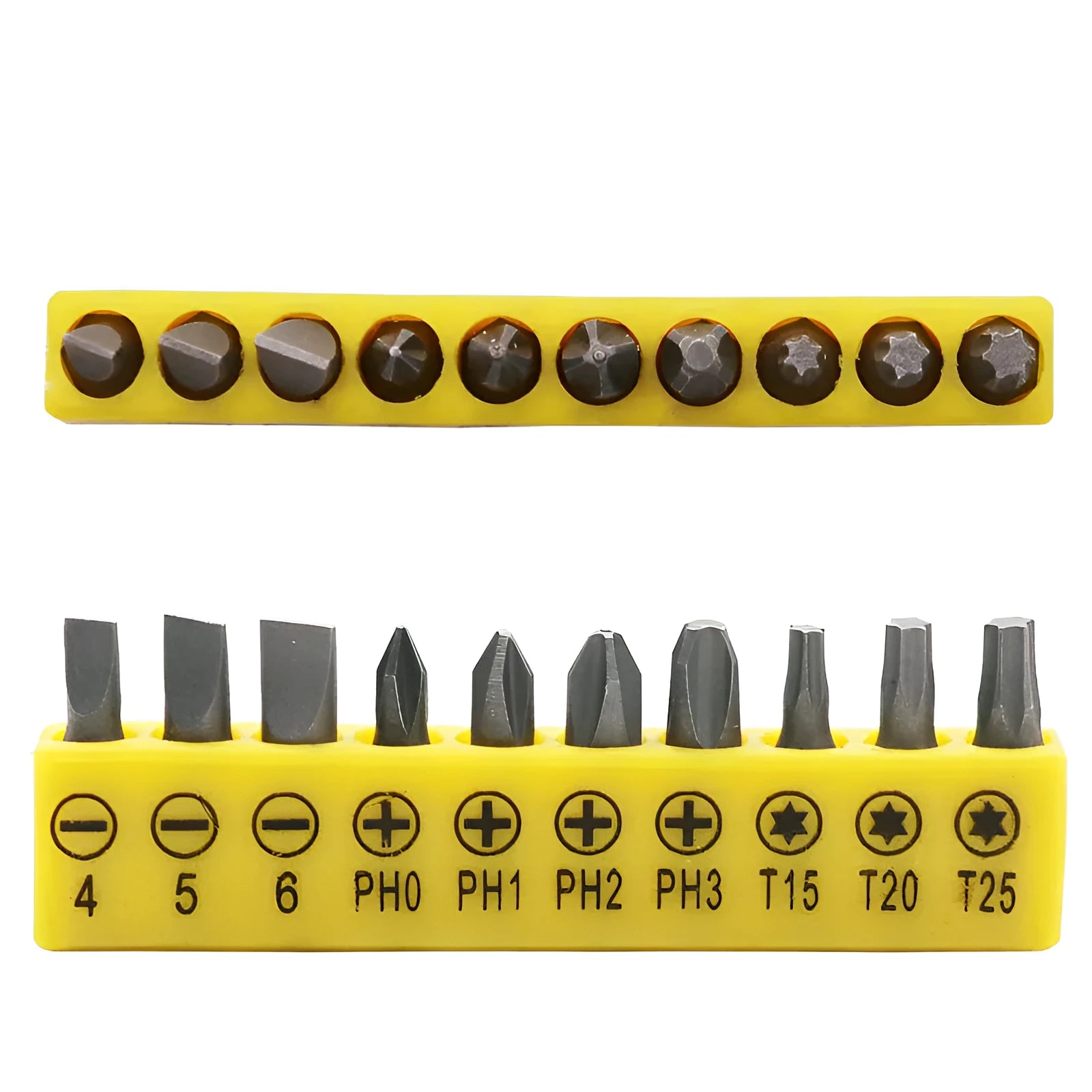 L-shaped double-headed socket wrench with ten screwdriver bits on white background