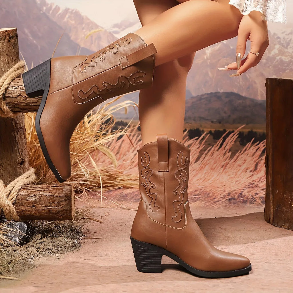 British style chunky heel mid-calf pointed toe plus size ankle boots for women in black with block heel and patchwork detail