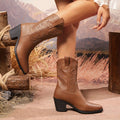 British style chunky heel mid-calf pointed toe plus size ankle boots for women in black with block heel and patchwork detail