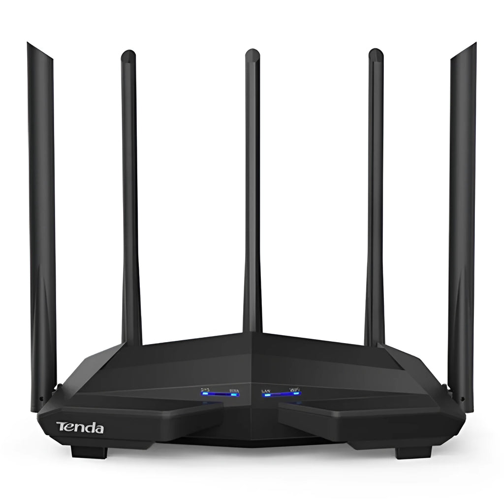 Black AC11 Gigabit wireless router showing four gigabit Ethernet ports on the back.