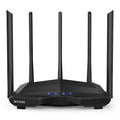 Black AC11 Gigabit wireless router showing four gigabit Ethernet ports on the back.