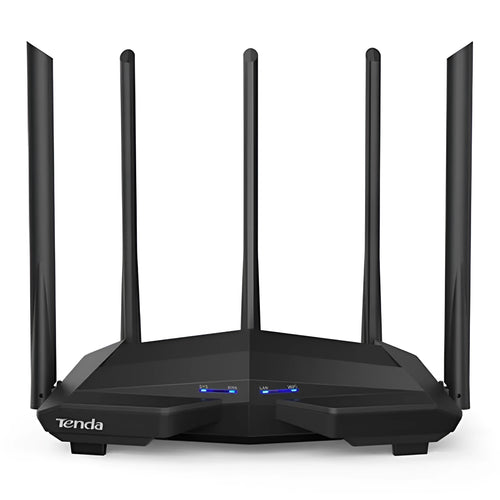 Black AC11 Gigabit wireless router showing four gigabit Ethernet ports on the back.