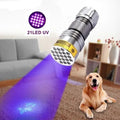 21 LED UV flashlight in silver with 395-400 nm violet light, aluminium alloy body, 95 mm length, 35 mm diameter, tail clickie switch.
