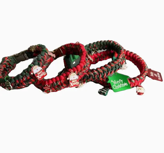 Green rope P chain dog leash with a metal release buckle fastened to a dog collar.