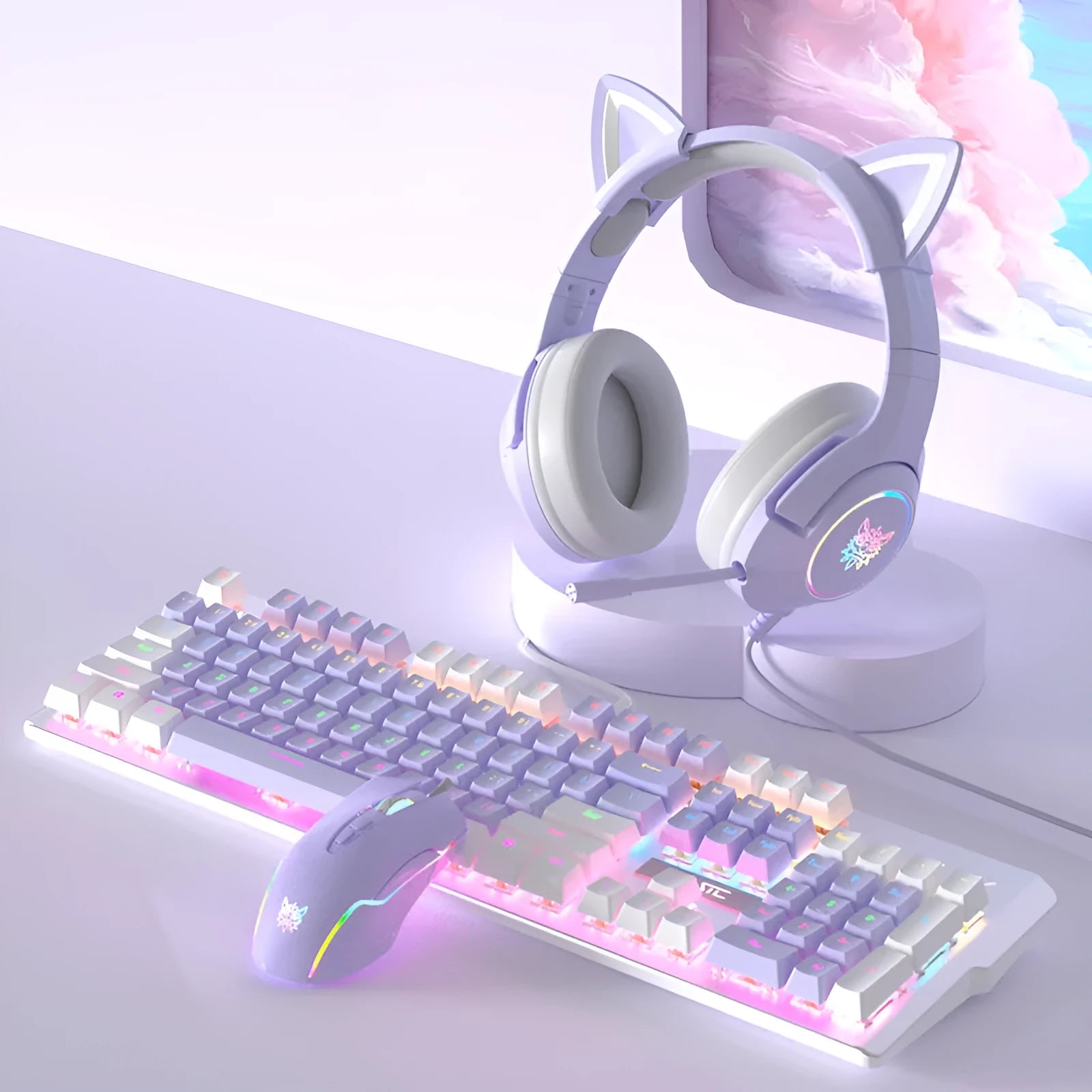 Purple and white mechanical keyboard and optical mouse set with backlighting on desktop