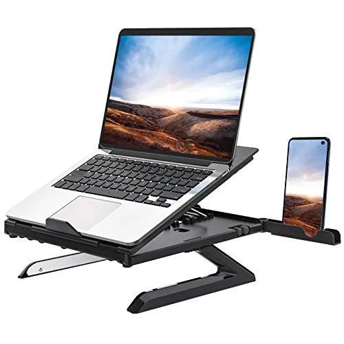 Black folding aluminium laptop stand with 9-level angle adjustment and cooling slot, on a desk with a laptop
