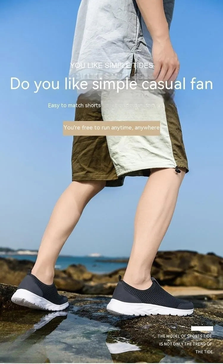 Pair of couple casual mesh shoes with PU mesh upper, hollow plaid detailing, and flat rubber sole in light gray, dark blue, black and white, or all black.