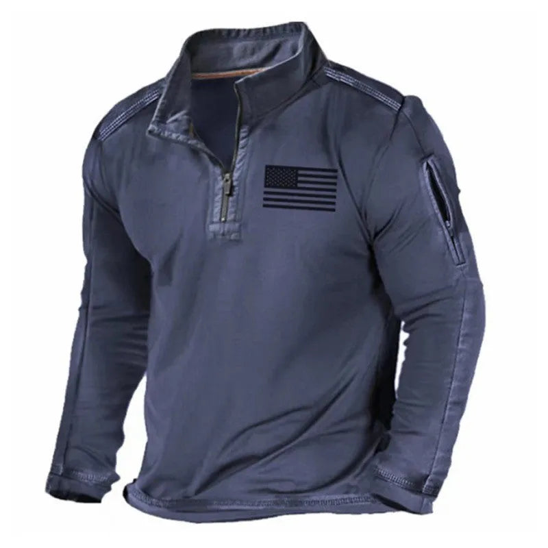 Men's grey zip-up stand collar long-sleeved sports sweater on a hanger