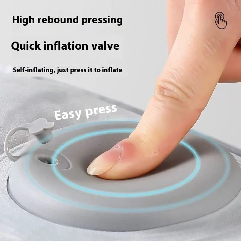 Press inflatable height increasing cushion showing folded portable design and flocking material texture