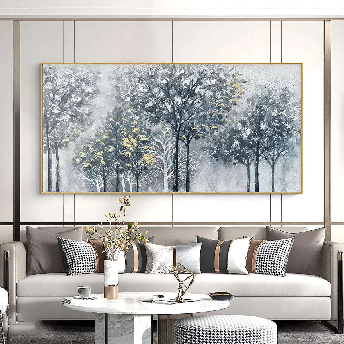 Hand-painted abstract forest tree oil painting on canvas in silver-gray, blue and golden tones, horizontal unframed wall art.