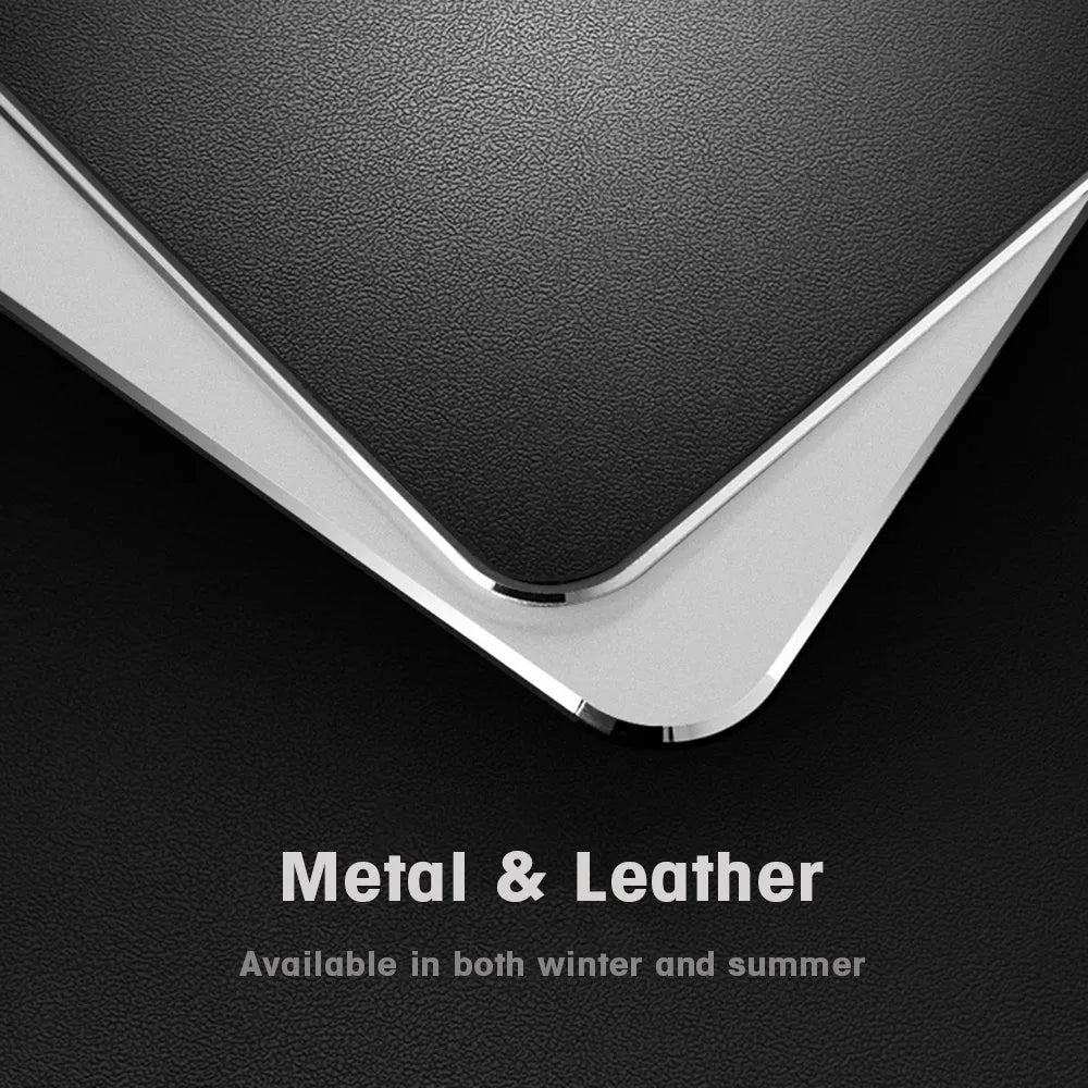 Aluminium alloy double-sided mouse pad with wrist support, USB hub, and hand warmer, in black, gold, or silver.