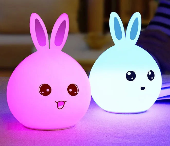 Cute silicone rabbit night light with touch sensor showing 7 LED colours, USB rechargeable, 120 x 108 x 163 mm