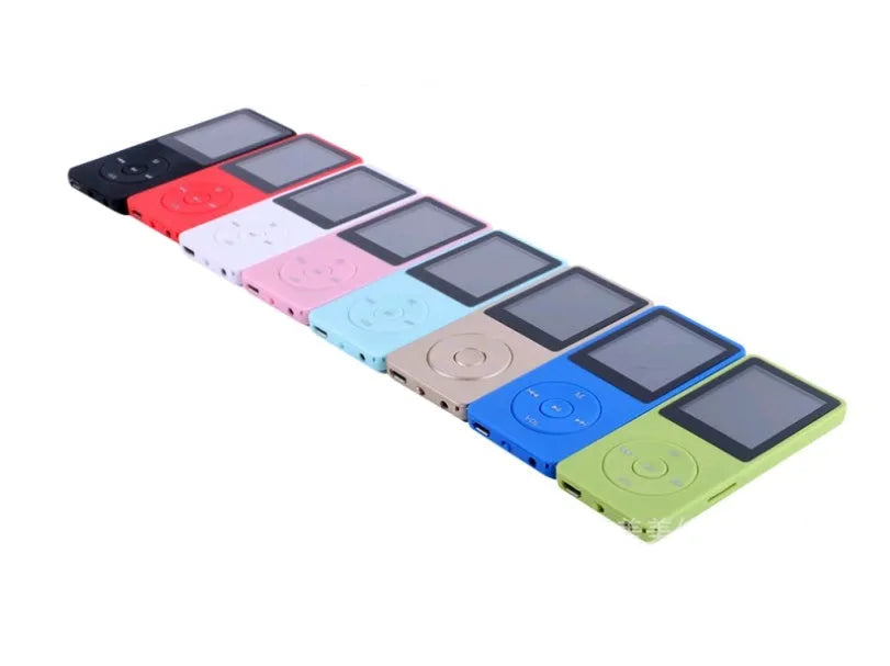 A compact 1.8-inch screen MP4 player in various colours, showing its size and display.