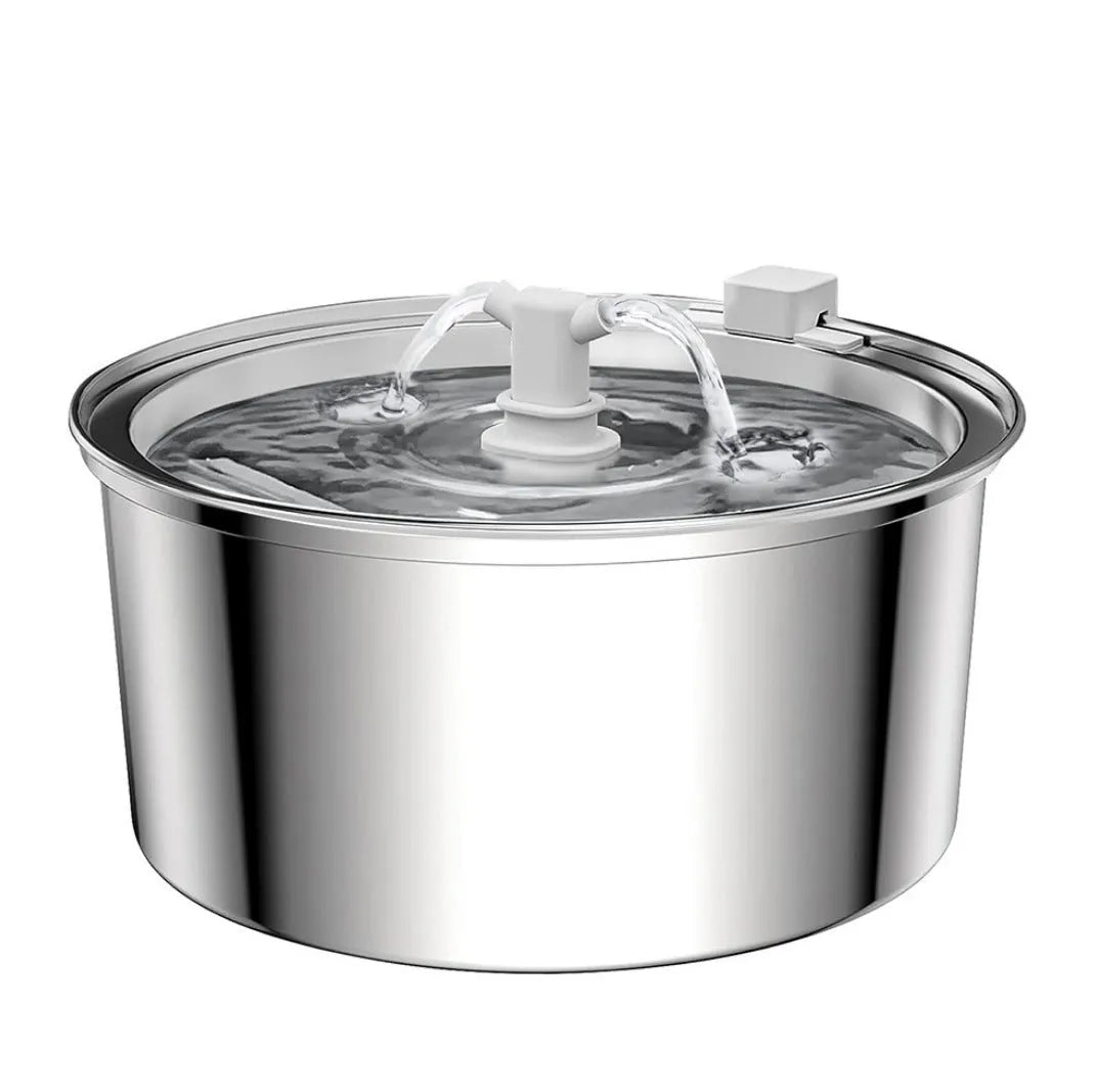 Stainless steel pet water dispenser with round basin and window faucet for dogs and cats.