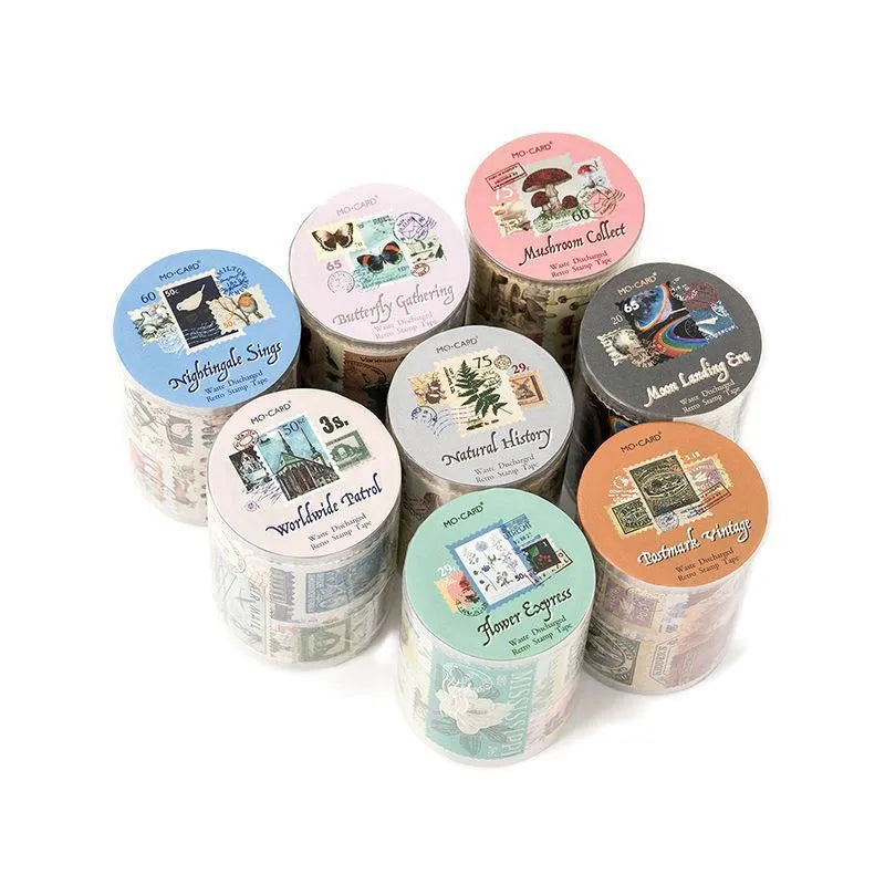 A roll of retro-design coated paper adhesive stamps, 55mm wide and 2 metres long.